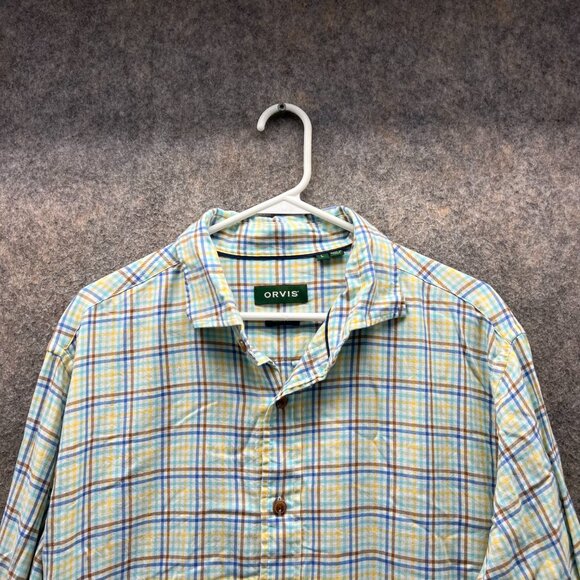 Orvis Shirt Men Large Adult White Yellow Blue Button Down Preppy Cotton Check - Picture 11 of 12